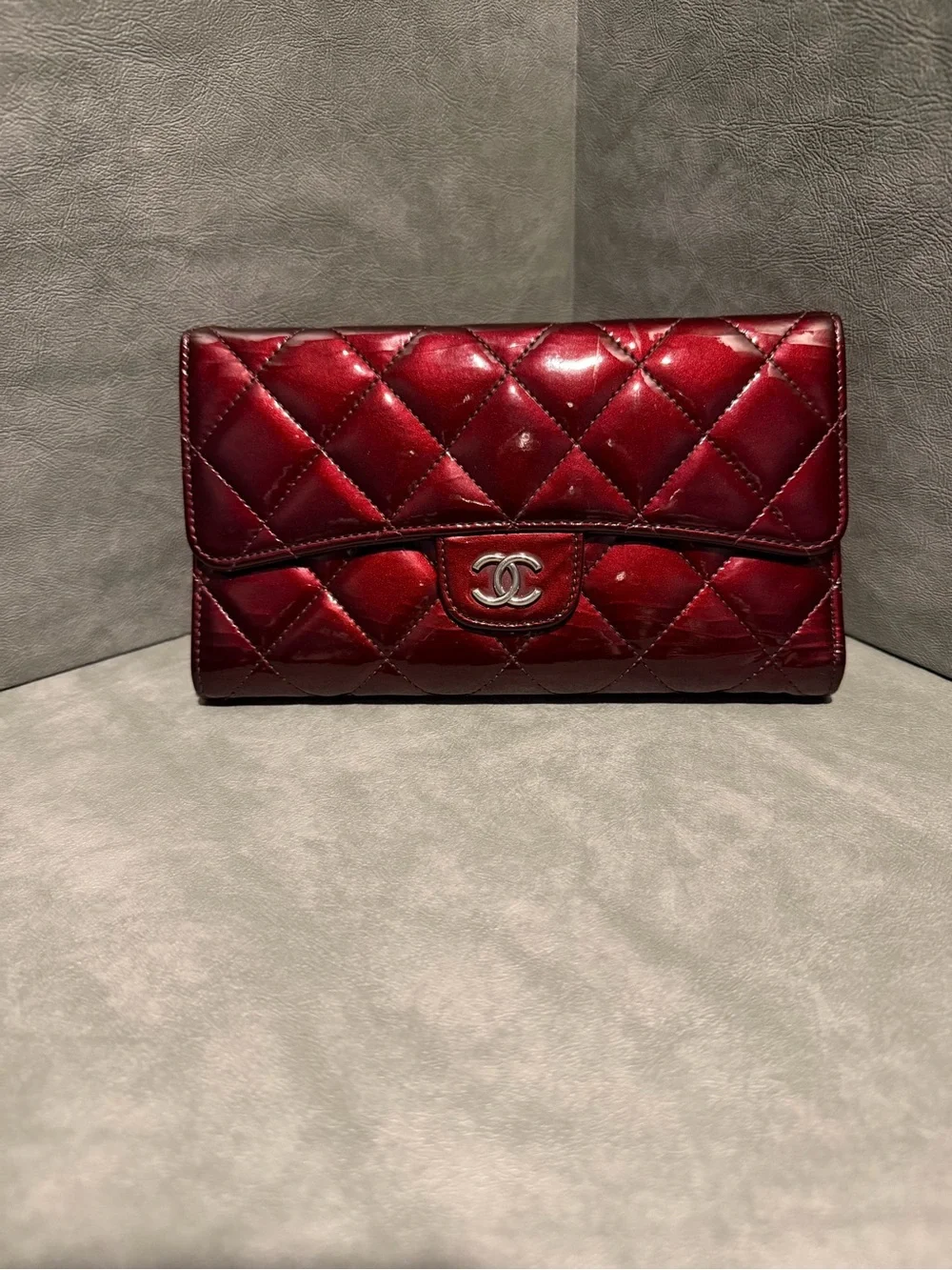 CHANEL Wine Red Medium Flap Patent Wallet Hologram w/ Chain and Authent Cert